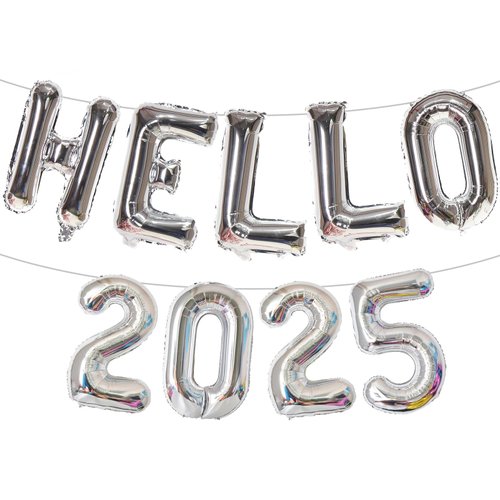 32 Inch Giant Silver Hello 2025 Number Balloon, 2025 New Years Decorations for 2025 Happy New Year Eve Christmas and Graduations Party Supplies