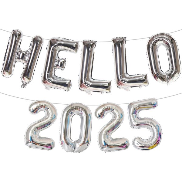 32 Inch Giant Silver Hello 2025 Number Balloon, 2025 New Years Decorations for 2025 Happy New Year Eve Christmas and Graduations Party Supplies