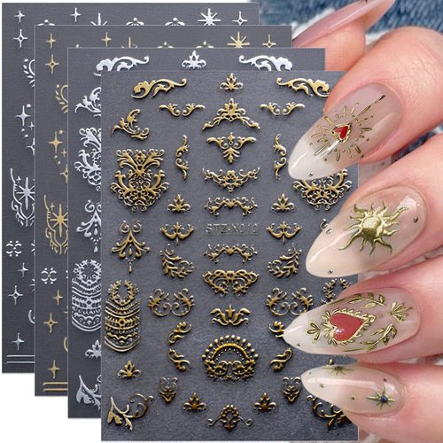 Dornail 8 Sheet 3D Sun Moon Nail Stickers Gold Silver Stars Nail Decals Bronzing Totem Nail Art Stickers 3D Self-Adhesive Sticker Nail Accessories for Girl Women Nail Decorations Nail Art Supplies