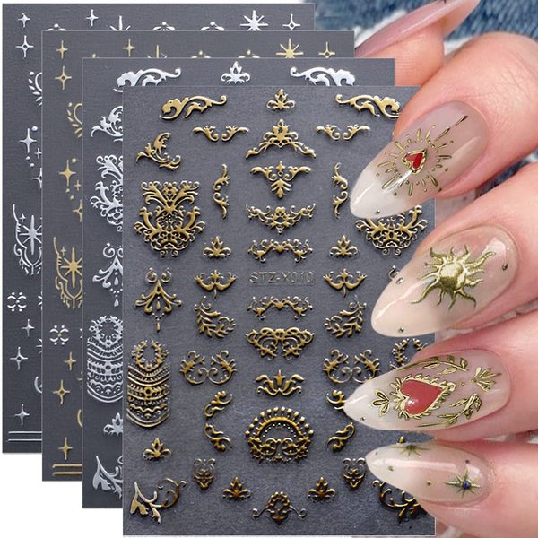 Dornail 8 Sheet 3D Sun Moon Nail Stickers Gold Silver Stars Nail Decals Bronzing Totem Nail Art Stickers 3D Self-Adhesive Sticker Nail Accessories for Girl Women Nail Decorations Nail Art Supplies