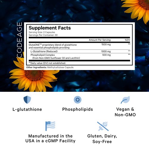 Codeage Liposomal Glutathione 1000 mg, GlutaONE Antioxidant Phospholipid Complex, L-Glutathione Reduced Capsules Supplement, Non-GMO Sunflower Oil & Lecithin Essential Phospholipids, Vegan, 60 ct