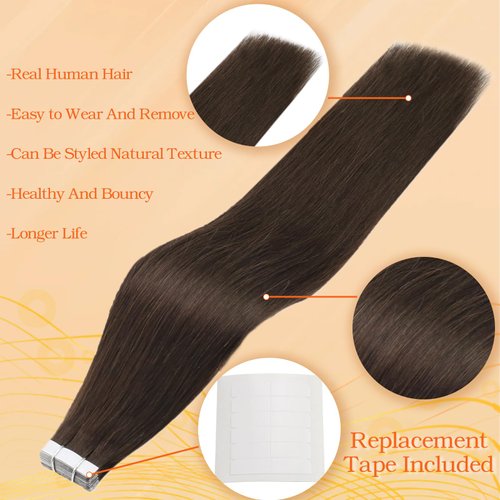 Full Shine Brown Tape in Hair Extensions Real Human Hair 20 Inch Invisible Tape in Hair Extensions Dark Brown Color 2 Skin Weft Hair 40 Pcs 100 Gram Seamless Hair Extension Double Sided Tape