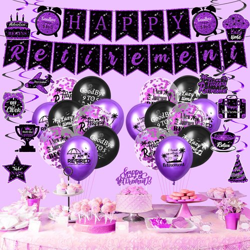 Retirement Party Decorations for Women,Purple Happy Retirement Party Supplies, Retirement Banner,18pcs Retirement Latex Cofetti Balloons, Hanging Swirl, Cupcake Topper Retirement Party Decor Favors