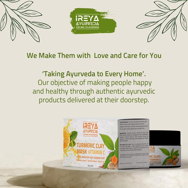 Turmeric Clay Mask Vitamin C with Orange & saffron Extract Fullers Earth, Kaolin Clay, Acne Face Mask Dark Spots Remover with Turmeric Extract by Ireya Ayruveda