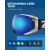 ZIONOR X Ski Snowboard Snow Goggles OTG Design for Men Women Adult with Spherical Detachable Lens UV Protection Anti-fog (VLT 22% White Frame Revo Blue Lens)