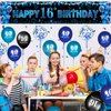 Blue Black 16th Birthday Banner Happy 16th Birthday Decorations for Boys Girls with 20 PCS Sweet 16th Birthday Balloons for 16 Years Old Anniversary Birthday Party Supplies Indoor Outdoor Decor