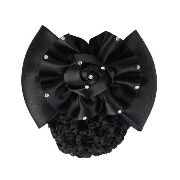 1PCS Women Net Hair Clip Rhinestone Satin Bow Barrette Bowknot Snood Net Hair Clip Bow Hair Accessories Barrette Hair Bun Cover Net Snood for Hotel Waitress Air Hostess Nurse (Black)