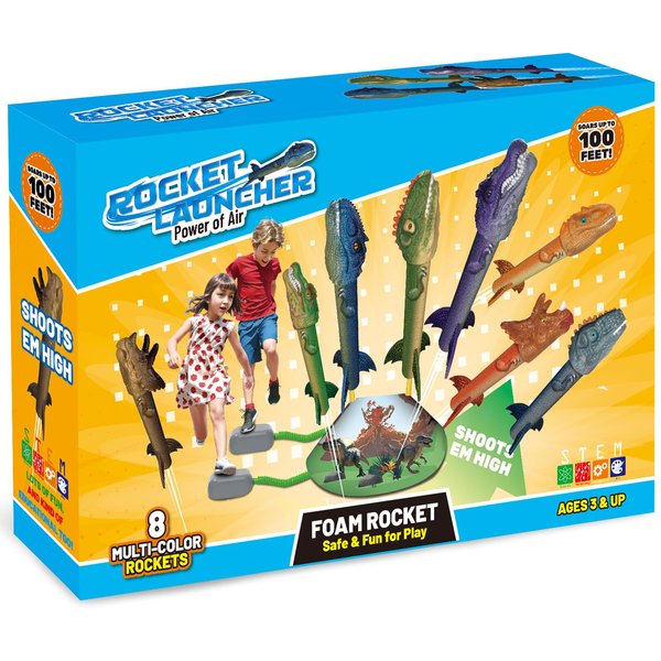 Otoseth Dinosaur Toys Rocket Launcher for Kids, 8 Rockets with 2 Launcher Pads, Launch Up to 100 Ft, Outdoor Toys, Birthday Gifts for 3 4 5 6 7 8-12 Year Old Boys Girls