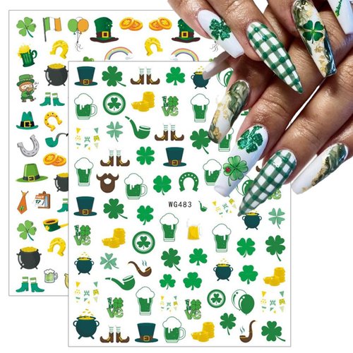 St. Patrick's Day Nail Art Stickers Shamrock Nail Decals 3D Self- Adhesive Luck of Four Leaf Clover Design Irish Nail Stickers Summer Nail Supplies for Women St Patricks Day DIY Nail Accessories 8 Pcs