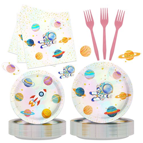 Iemctsy 96PCS Space Themed Party Decorations - Space Birthday Decorations Space Party Favors, Space Plates Napkins Disposable Dinnerware for Birthday Christmas Party Decorations Serve 24
