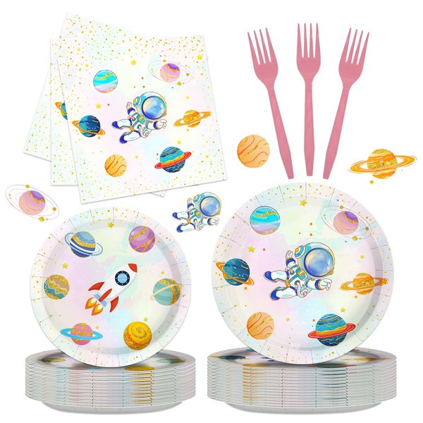 Iemctsy 96PCS Space Themed Party Decorations - Space Birthday Decorations Space Party Favors, Space Plates Napkins Disposable Dinnerware for Birthday Christmas Party Decorations Serve 24