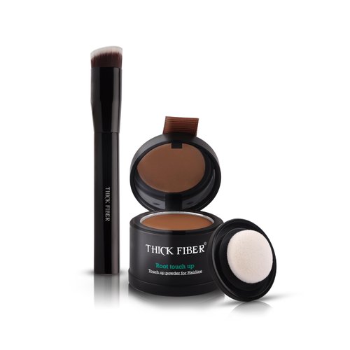 THICK FIBER Root Touch Up Powder, Root Cover Up Hairline Powder for Thin Hair - Water & Sweat Resistant Hair Loss Concealer Set with Hair Powder for Thinning Hair, Includes Brush (Medium Golden Brown)