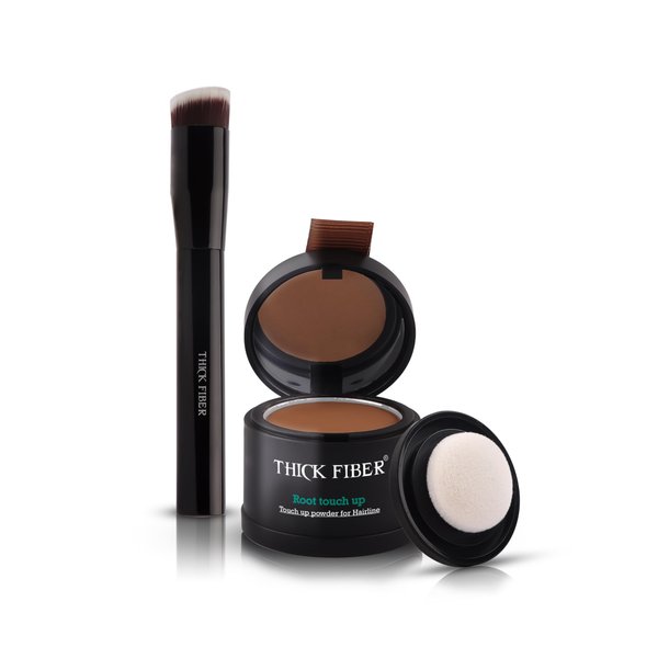 THICK FIBER Root Touch Up Powder, Root Cover Up Hairline Powder for Thin Hair - Water & Sweat Resistant Hair Loss Concealer Set with Hair Powder for Thinning Hair, Includes Brush (Medium Golden Brown)