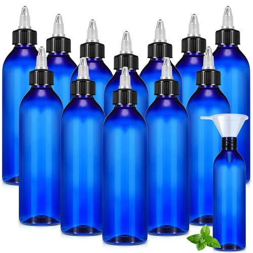 Barydat 12 Pcs Twist Top Applicator Bottle Refillable Squeeze Empty Plastic Bottles, Multi Purpose Round Hair Oil Applicator with Open Close Nozzle and 2 Funnels for Shampoo Lotion (Blue,8 oz)