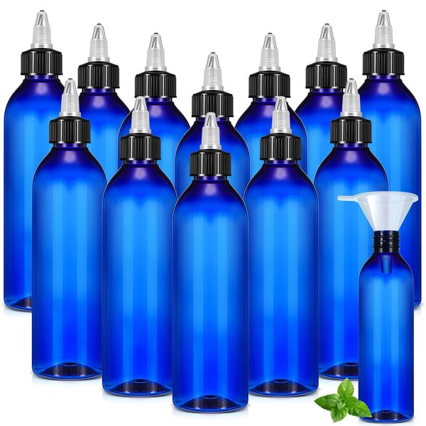 Barydat 12 Pcs Twist Top Applicator Bottle Refillable Squeeze Empty Plastic Bottles, Multi Purpose Round Hair Oil Applicator with Open Close Nozzle and 2 Funnels for Shampoo Lotion (Blue,8 oz)