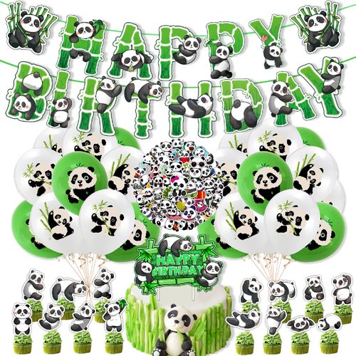 87 Pcs Cute Panda Birthday Party Supplies Set with Panda Happy Birthday Banner, Cake Toppers, Cupcake Toppers, Balloons, Stickers for Baby Shower Boys Girls Teens Cartoon Panda Theme Party Decorations
