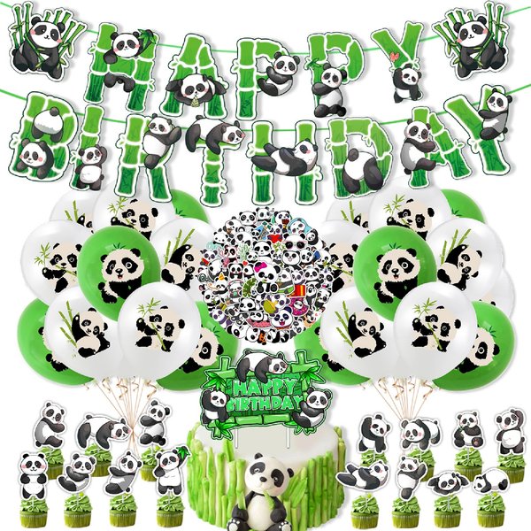 87 Pcs Cute Panda Birthday Party Supplies Set with Panda Happy Birthday Banner, Cake Toppers, Cupcake Toppers, Balloons, Stickers for Baby Shower Boys Girls Teens Cartoon Panda Theme Party Decorations