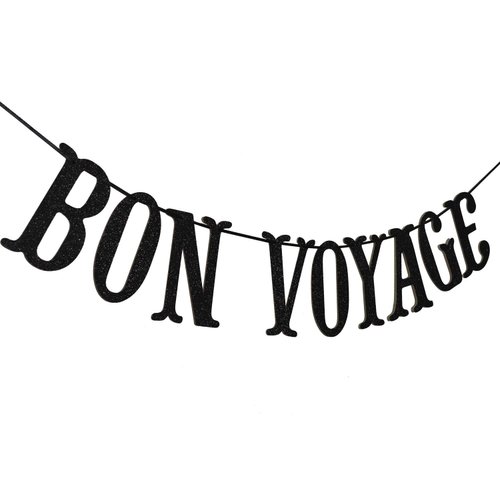 Bon Voyage Party Banner for Adventure Awaits Going Away Celebration Moving Away Retirement Party Decorations Sign Bunting (Black Glitter)