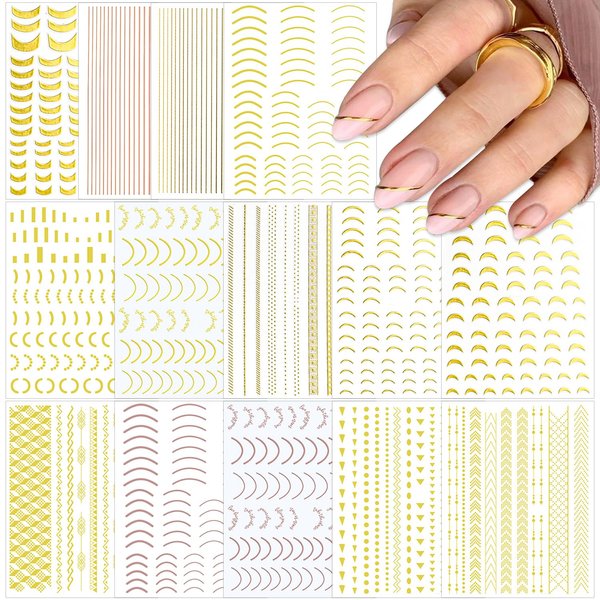SILPECWEE 14 Sheets Gold Nail Stickers French Line Metallic Curve Strip Nail Decals Self Adhesive Nail Art Stickers Nail Design Stickers 3D Nail Decoration for Women Kids