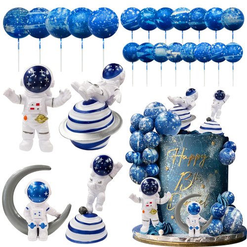 Astronaut Figurines Space Cake Toppers Blue Star Ball Cake Toppers for Space Theme Party Kids Birthday Party Baby Shower Supplies (Royal Blue)