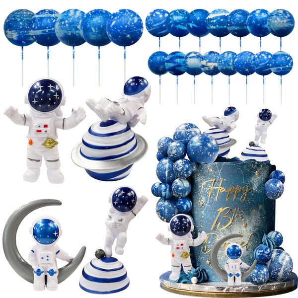 Astronaut Figurines Space Cake Toppers Blue Star Ball Cake Toppers for Space Theme Party Kids Birthday Party Baby Shower Supplies (Royal Blue)