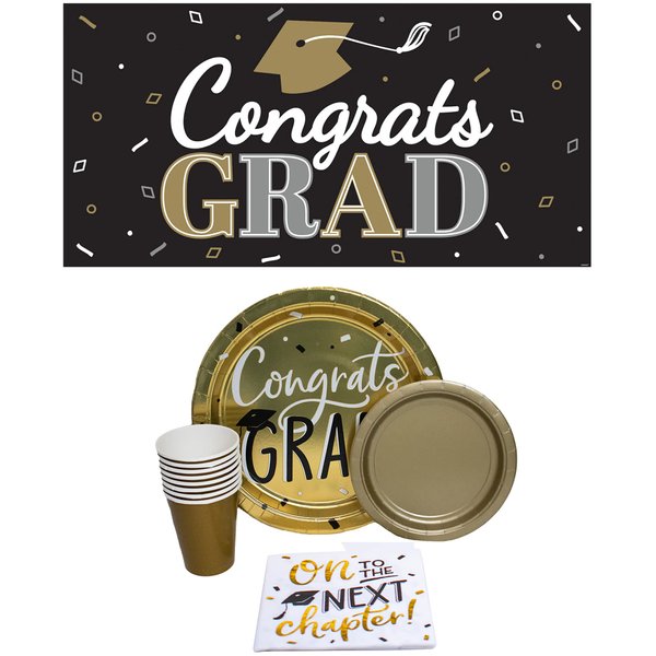 Congrats Grad Adventure Pack! Disposable Paper Plates, Banner, Napkins and Cups Set for 16