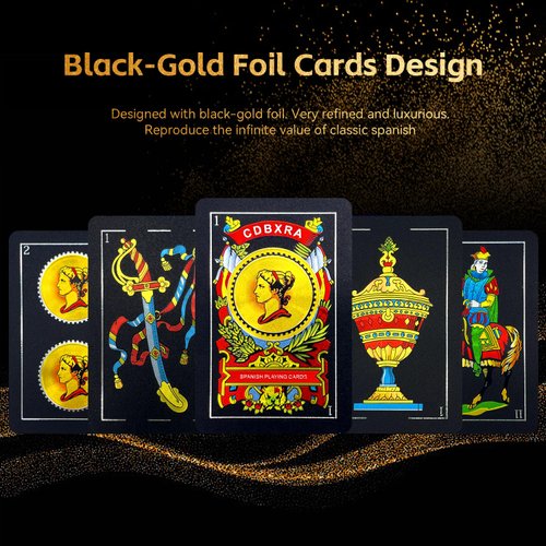 Spanish Playing Cards, Original Spanish Cards Games, Briscas Cards Puerto Rico, Original Spanish Deck of Cards, Mexican Playing Cards [Luxury Black-Gold Foil Classic] [PVC Waterproof] (2 Pack)