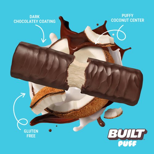 Built Protein Bars, Coconut Marshmallow Puff, 12 count, Protein Snacks with 17g of Protein, Collagen, Gluten Free, Chocolate Protein Bar, 140 calories & 6g sugar, Perfect On The Go Protein Snack