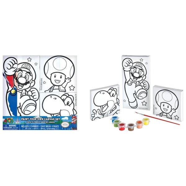 Amscan Super Mario Brothers Color-Your-Own Canvas - Includes 3 Unique Canvases, 6 Vibrant Paints, and 1 Paintbrush for Budding Artists - 1 Set