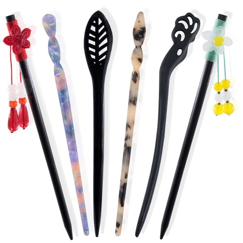 6 Pack Chopsticks Hair Pins Vintage Retro Flower Handmade Ancient Chinese Brown Wood Picks Wooden Sandalwood Carved Hollow Long Horn Fork Pen Hairpins Sticks Accessories with Tassel for Women Girls