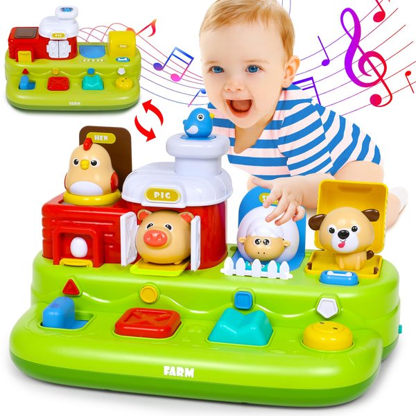Interactive Pop Up Farm Animal Toys with Music Animal Sounds Montessori Cause And Effect Toys for Baby Boy Girl Toys Early Educational Learning Musical Baby Toys Infant STEM Toy Birthday Gift Babies