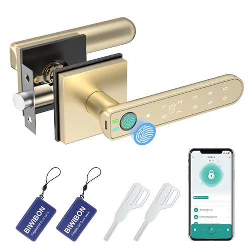 BIWIBON Fingerprint Door Lock, 5 in 1 Finger Print Door Knob with Smart APP/Fingerprint/IC Cards/Password/Backup Keys, Smart Door Knob with Keypad for Bedroom, Office, Apartment, Gold