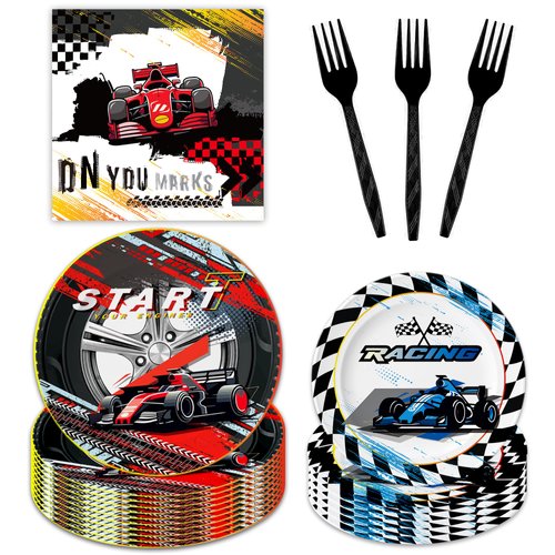 Race Car Birthday Party Decorations - Checked Race Car Theme Plates and Napkins Party Supplies Racing Sports Disposable Tableware Set Serve 24 Guests