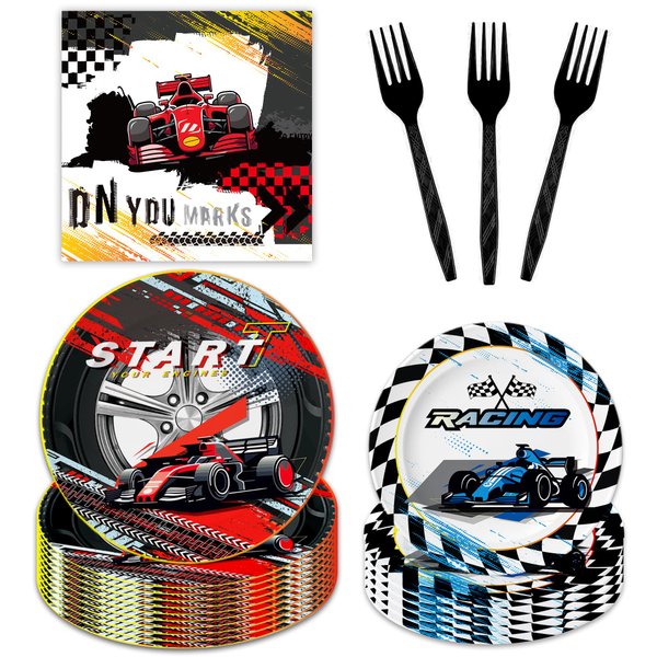 Race Car Birthday Party Decorations - Checked Race Car Theme Plates and Napkins Party Supplies Racing Sports Disposable Tableware Set Serve 24 Guests