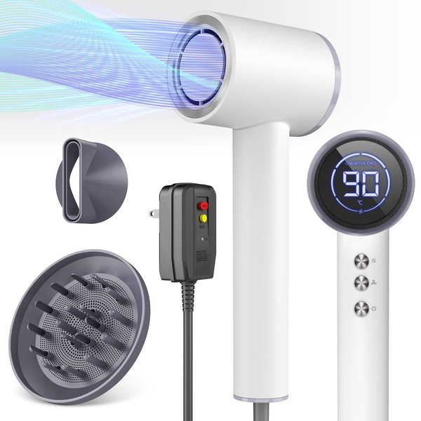DRSPEE Hair Dryer, HC03 High-speed Blow Dryer for Fast Dry, Ionic Hair Dryer with Diffuser, 1600W, LED Display, Portable Hair Dryer for Travel Home Salon-White