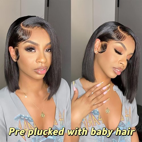 Lace Front Bob Wigs Human Hair 5x5 Lace Closure Wigs Human Hair Pre Plucked with Baby Hair 180 Density Brazilian Virgin Human Hair Wigs for Black Women Natural Color 14 Inch