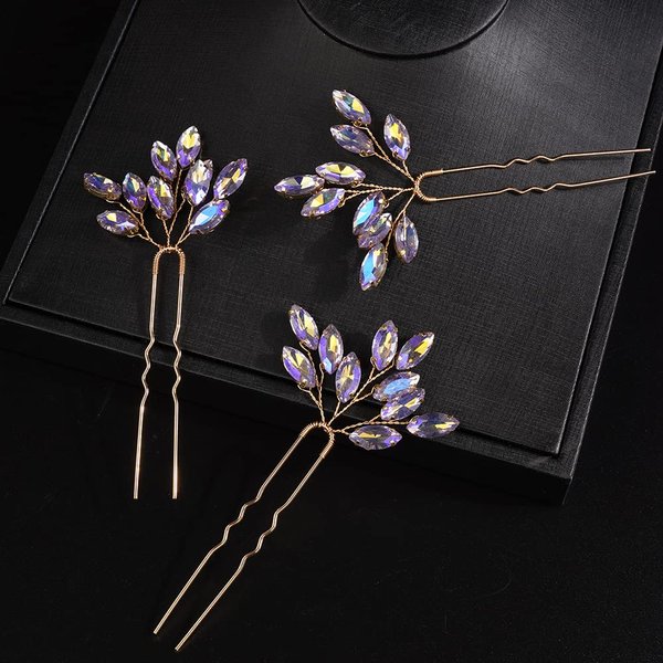 JWICOS Bridal Wedding Crystal Hair Pins Bride Hair Pieces Wedding Hair Accessories for Women and Girls Pack of 3 (AB color)
