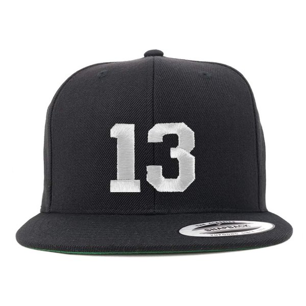 Trendy Apparel Shop Number 13 White Thread Embroidered Flat Bill Snapback Baseball Cap - Black
