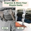 Bed Sheet Organizer and Storage Size Label Bands | Sheets Set Organizers for Linen Closet - Labeled Elastic Bedding Sheet Keepers Straps for Organizing Foldable Bedsheet Sets (Queen 4PCs Pack | Cream)