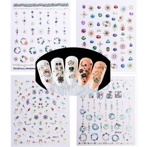 Luxury Nail Stickers Set--10 Sheets Colorful Nail Art Stickers in Different Crystal Gem Bronzing Shapes,3D Self-Adhesive Nail Decals for Nail Art DIY+1 Pcs Tweezers+1 Pcs Pressing Stick