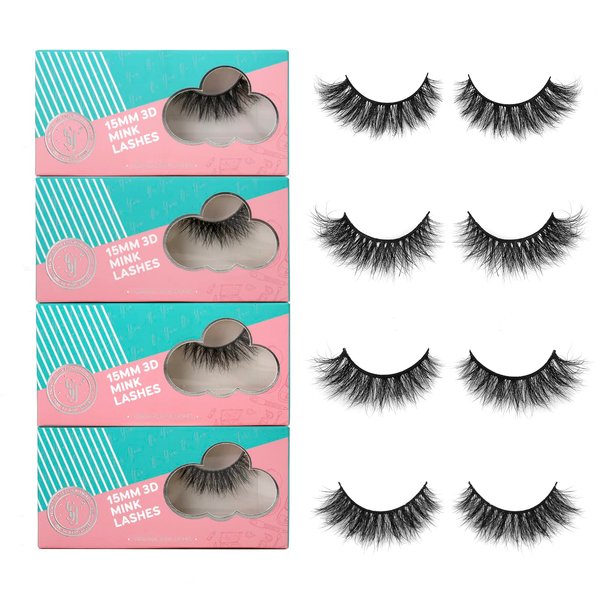 SY LASHES 15mm 3D Real Mink Lashes Natural Look Cat Eye False Eyelashes Wispy Short Fake Eye Lashes Fluffy Luxury Volume 5D Strip Eyelashes (Lucky, 4 Pairs)