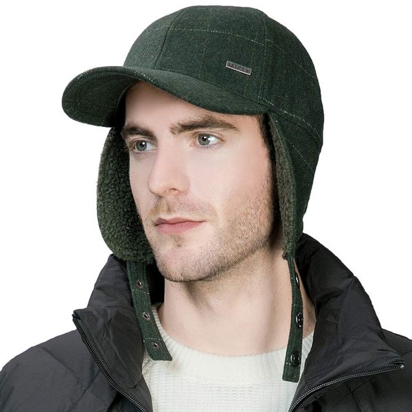Jeff & Aimy Tweed Wool Mens Winter Hat Womens Baseball Cap with Fleece Ear Flaps Muffs Warm Lined Trapper Hunting Chavo Del Cold Weather Olive Green
