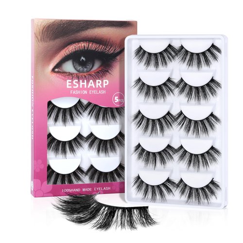 ESHARP False Eyelashes 3D Fluffy Faux Mink Lashes 18mm Volume Dramatic Strip Lashes 100% Handmade Soft Comfortable Wispy Lashes 5 Pairs Lashes Pack