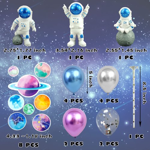 24PCS Space Cake Topper Balloon Cake Topper Planet Cake Topper with Astronauts Purple Blue Sliver Balloons for Kids Outer Space Theme Decoration Boys Girls Baby Shower Galaxy Birthday Party Supplies