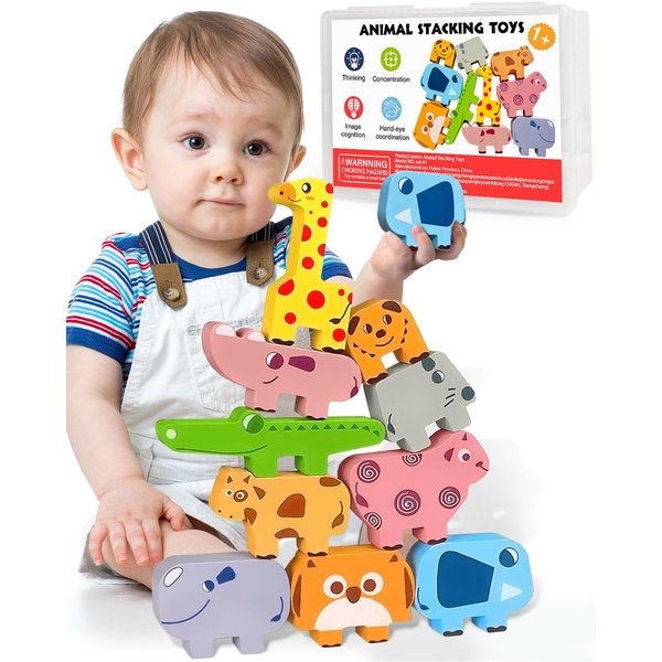 Montessori Toys for 1 2 3 4 Year Old Boys Girls, Toddler Toys Age 2-4, 1 2 3 4 Year Old Girl Boy Birthday Gifts, 10 pack Wooden Animal Blocks Sorting & Stacking Education Toddler Puzzles Toys