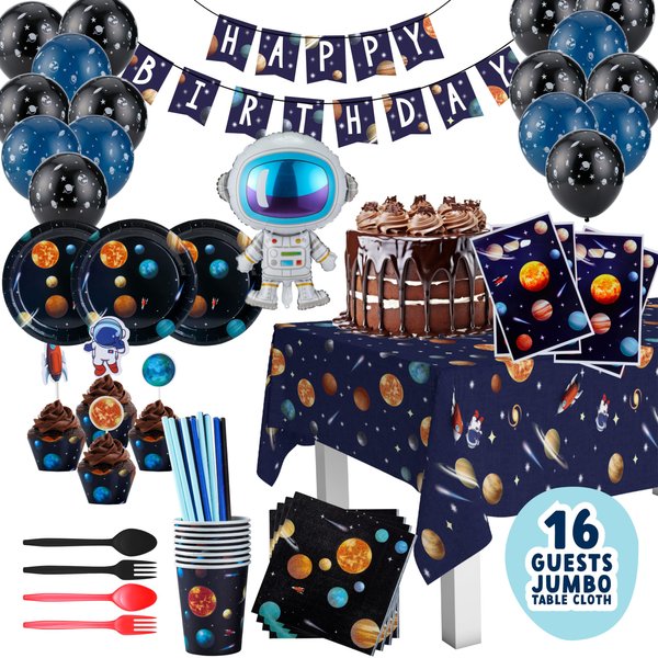Space Themed Birthday Party Decorations - Astronaut Party Decorations 16 Guest Include Astronaut Balloon, Plates Cups Napkins Banner Cutlery Balloon Tablecloth Cupcake Toppers