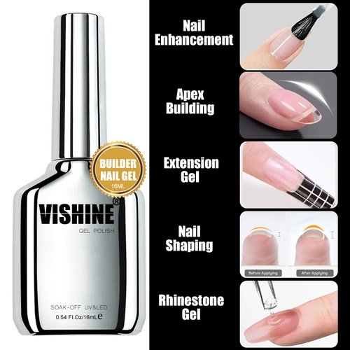 Vishine Builder Nail Gel, 16ml Clear Gel Builder for Nails, Hard Gel Builder Nail Strengthener Construction Gel Base Gel False Nail Tips Glue Gel in a Bottle Salon Nail Art DIY