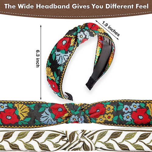 Chuangdi 4 Pieces Boho Headband Floral Wide Headband Handmade Knot Embroidery Bohemia Turban Headband Vintage Ethnic Style Hair Band for Women Girls Hair Accessories