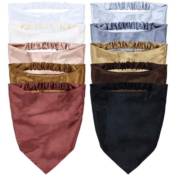 Lawie 10 Pack Solid Neutral Colorful Satin Cloth Fabric Hair Bandana Headbands Triangle Silky Plain Head Scarf Elastic Coverings Kerchief Neckerchief Head Wrap Neck Scarves Hair Bands for Women Girls
