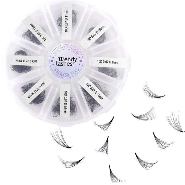 Wendy Lashes Premade Fans Eyelash Extensions Mixed Tray 500 Fans, Handmade Volume Premade Lashes 10D-30D, D Curl Pointed Thin Base Professional Grade for Fuller Dramatic Eyelashes(10D-0.07-D-9-16 Mix)